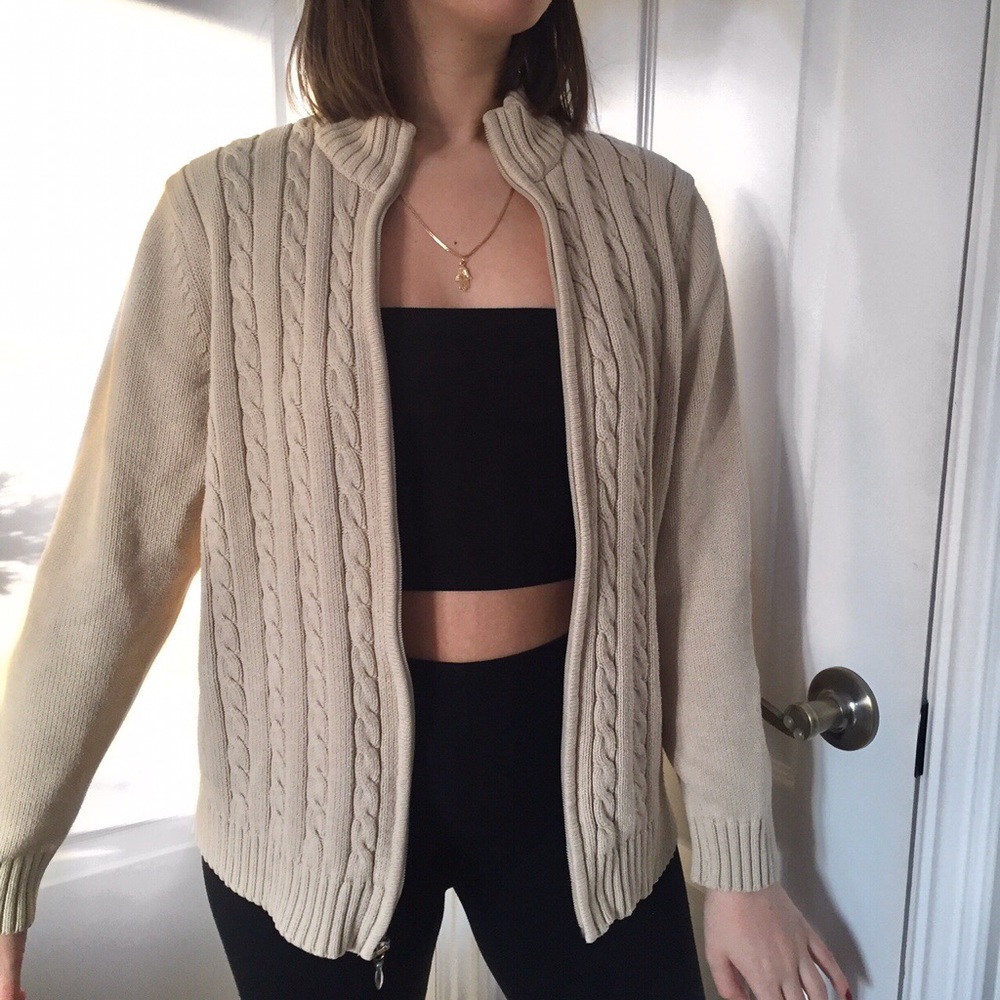 Vintage beige cable knit zip up sweater